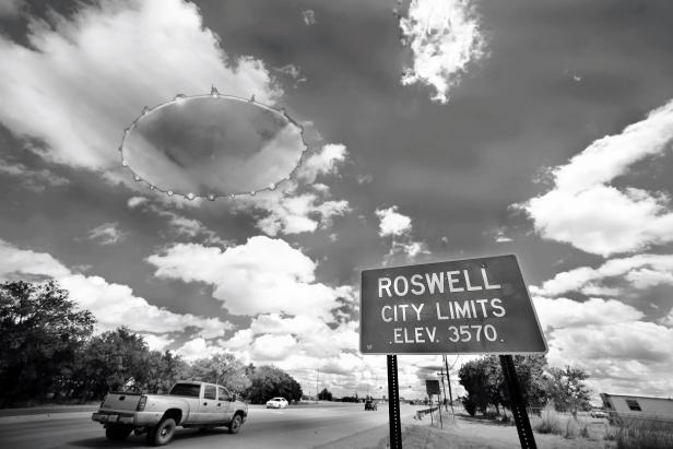 877768032 UFO in the town of Roswell,New Mexico in black and white.